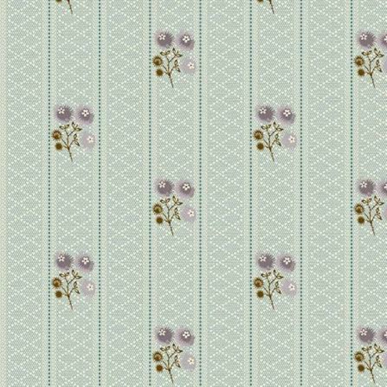 A repeating fabric or wallpaper pattern with pale sage green vertical stripes, a fine white lattice background, and small floral motifs in muted lavender, brown, and soft pink.