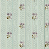 A repeating fabric or wallpaper pattern with pale sage green vertical stripes, a fine white lattice background, and small floral motifs in muted lavender, brown, and soft pink.