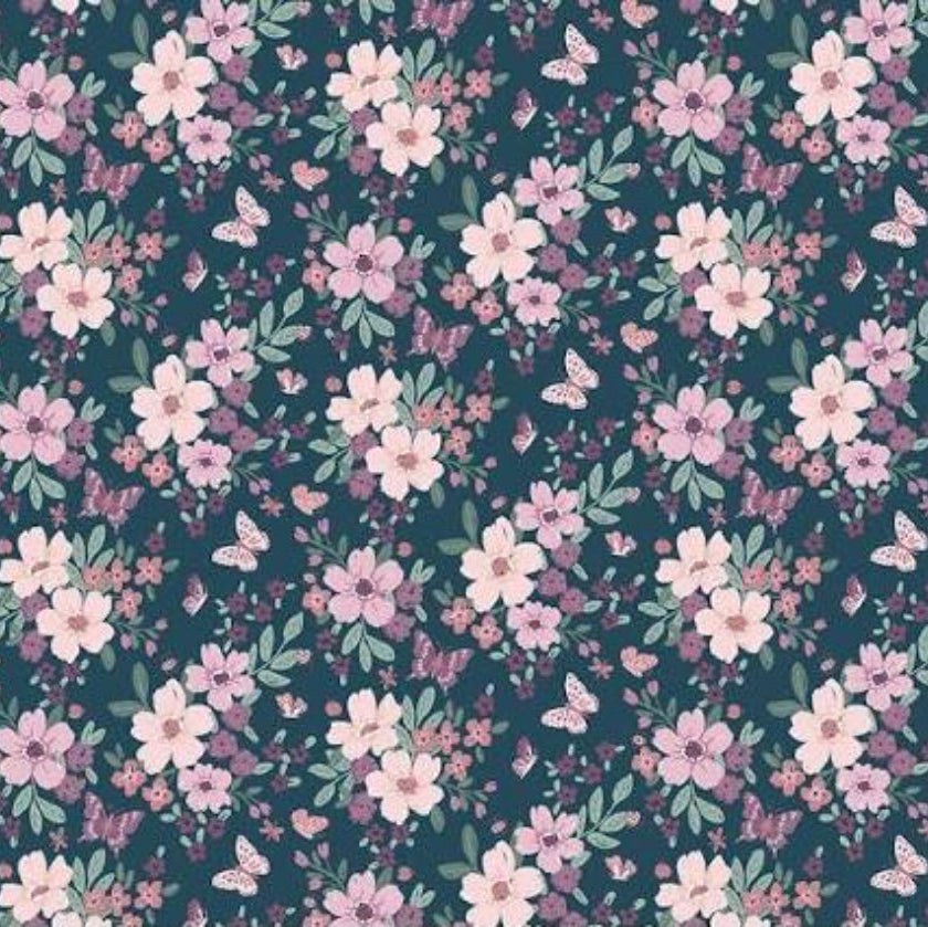 A repeating floral fabric pattern on a dark teal background, featuring light pink and white flowers, green leaves, and small butterflies. A white ruler strip is visible along the bottom edge.