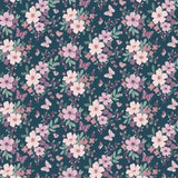 A repeating floral fabric pattern on a dark teal background, featuring light pink and white flowers, green leaves, and small butterflies. A white ruler strip is visible along the bottom edge.