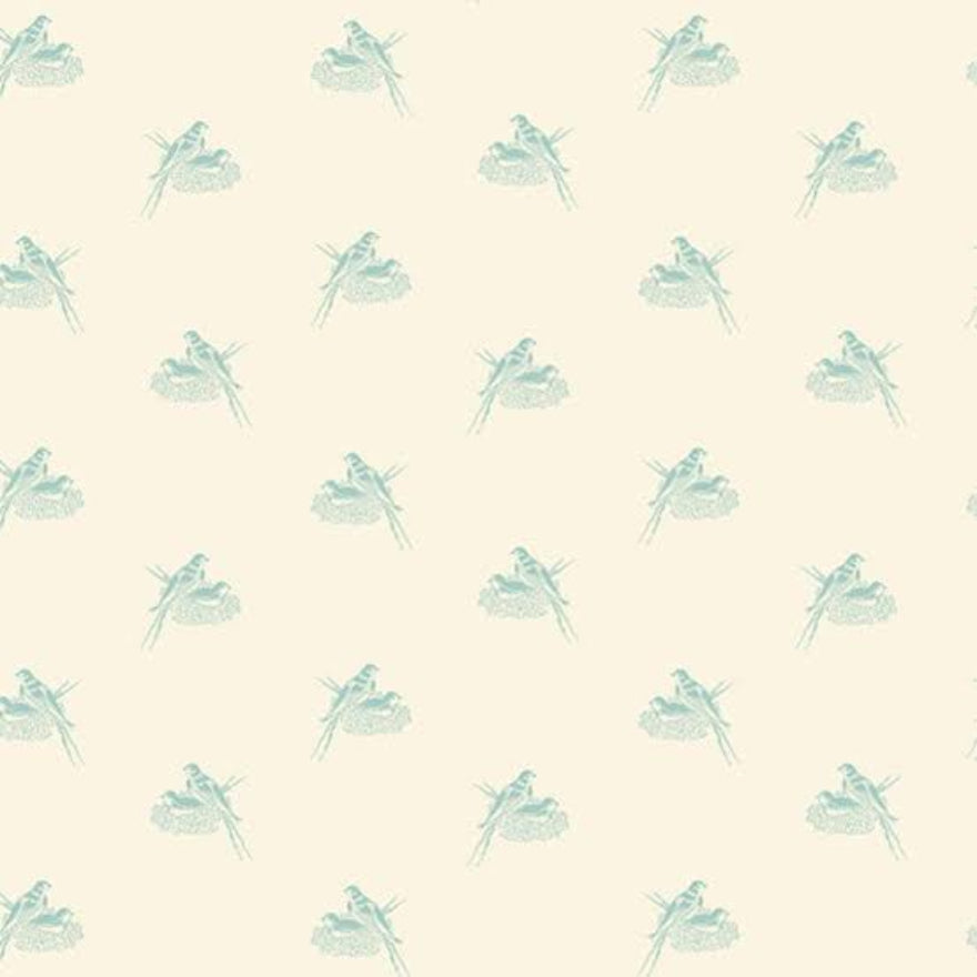 A repeating pattern of pale blue-green birds perched on nests on a warm cream background.