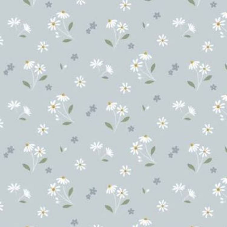 A repeating floral pattern featuring white daisy-like flowers with yellow centers, green stems and leaves, and small gray blossoms on a pale blue-gray background.