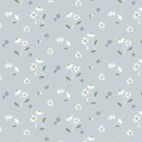 A repeating floral pattern featuring white daisy-like flowers with yellow centers, green stems and leaves, and small gray blossoms on a pale blue-gray background.