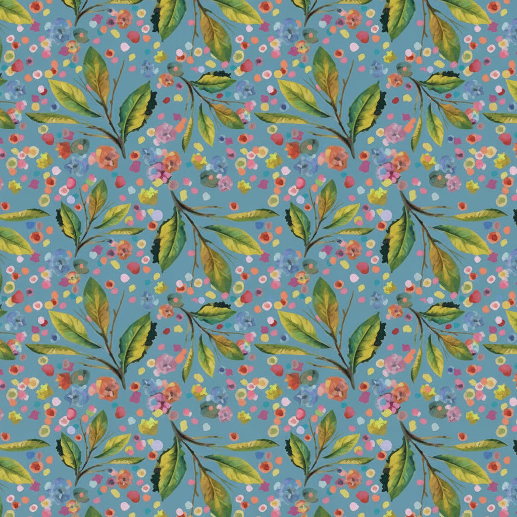 A close-up of a floral fabric pattern featuring green leaves and small pink, yellow, and white flowers on a dusty blue background, with a wooden ruler along the bottom edge showing measurements.