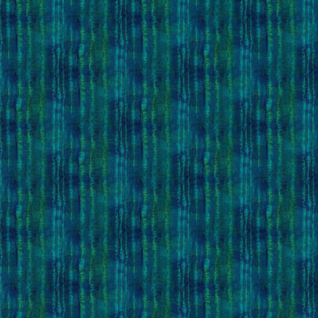 A close-up of a textured fabric or wallpaper pattern featuring vertical stripes in shades of deep blue, teal, and green.