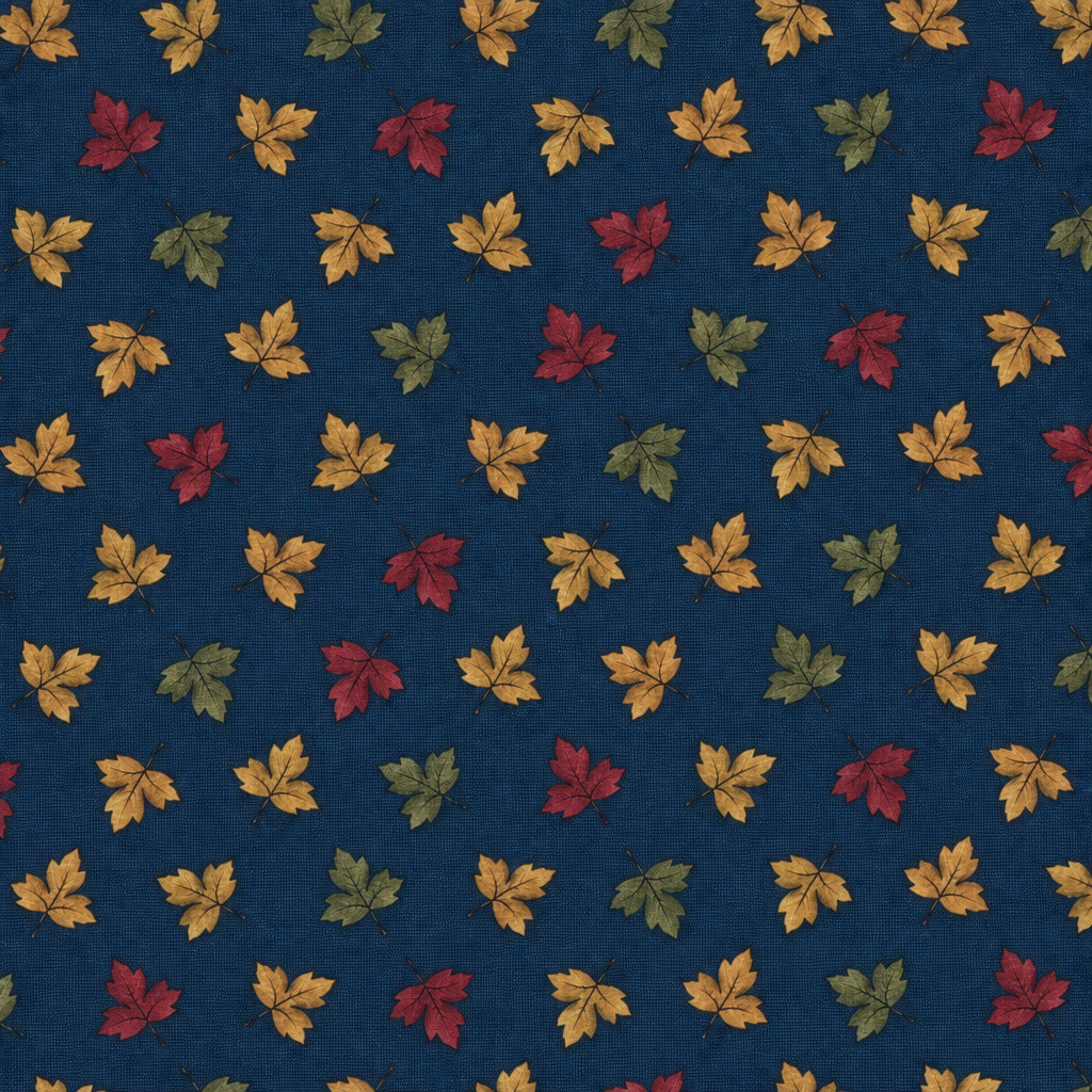 A close-up of a fabric pattern featuring small scattered autumn leaves in red, orange, yellow, and green on a dark blue background, with a white ruler along the bottom edge showing scale.