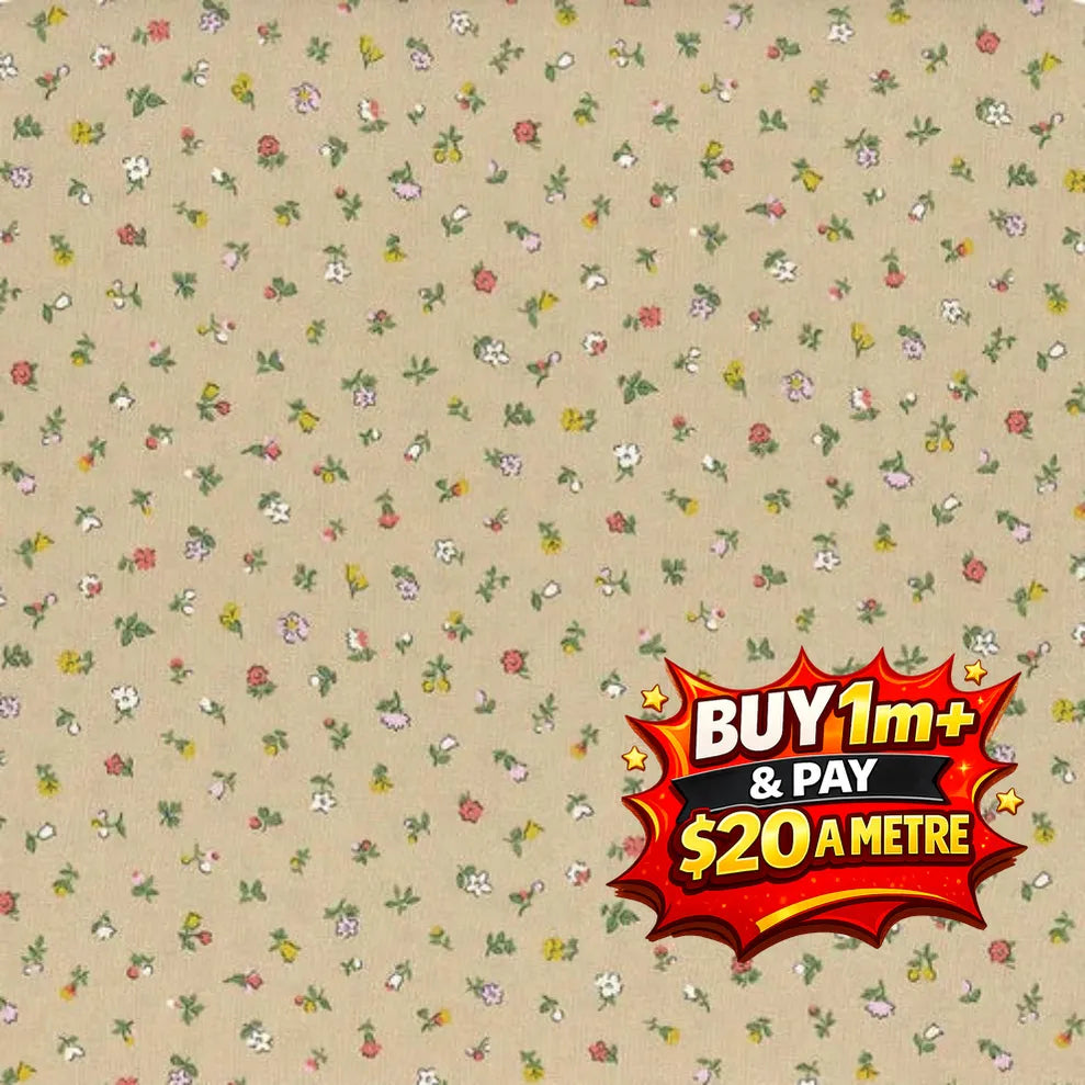 Beige fabric with small, colourful floral pattern
