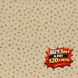 Beige fabric with small, colourful floral pattern