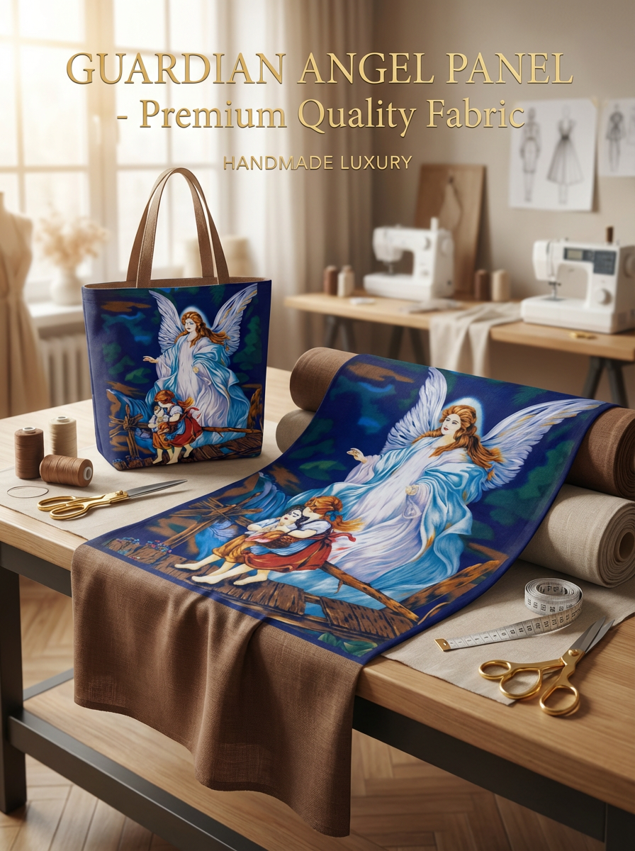 Blue Guardian Angel fabric panel with white wings, brown tote bag, and sewing supplies.