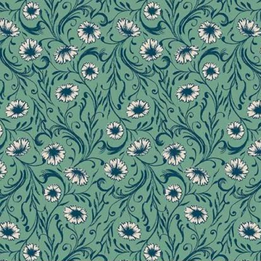 A repeating floral pattern on a teal-green background with white and blue flowers and dark blue scrolling vines. A black ruler strip with Ruby Star Society branding appears along the bottom edge.