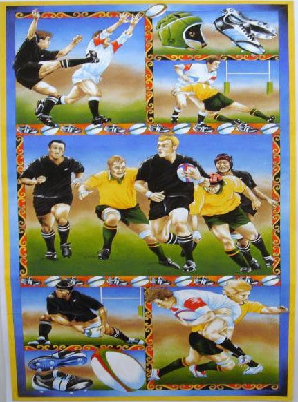 Running Rugby Players Cotton Quilting Fabric Panel