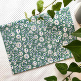 Liberty Tana Lawn Joanna Rose bespoke fabric, green with white and blue floral circles.