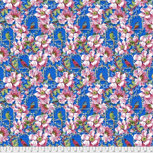 Birds and Pink Flowers on Blue